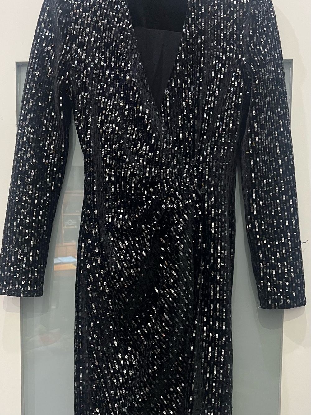 Black Sequin Long Sleeve Wrap Dress - Elegant Evening Size S